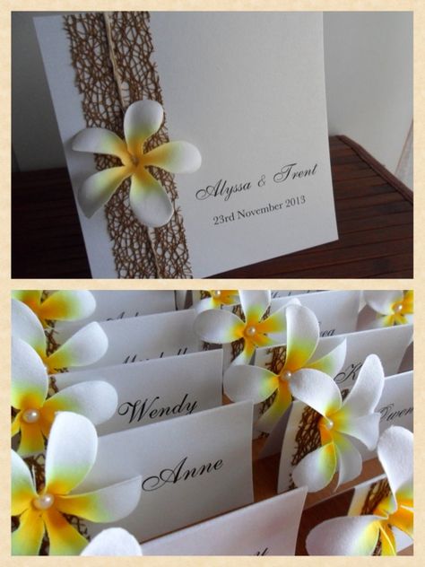 Frangipani wedding invitations and matching frangipani place cards perfect for a beach wedding. Plumeria Wedding, Frangipani Wedding, Flower Wedding Invitations, Pineapple Wedding, Beach Wedding Decorations Reception, Fiji Wedding, Beach Wedding Colors, Beach Wedding Reception, Beach Wedding Flowers