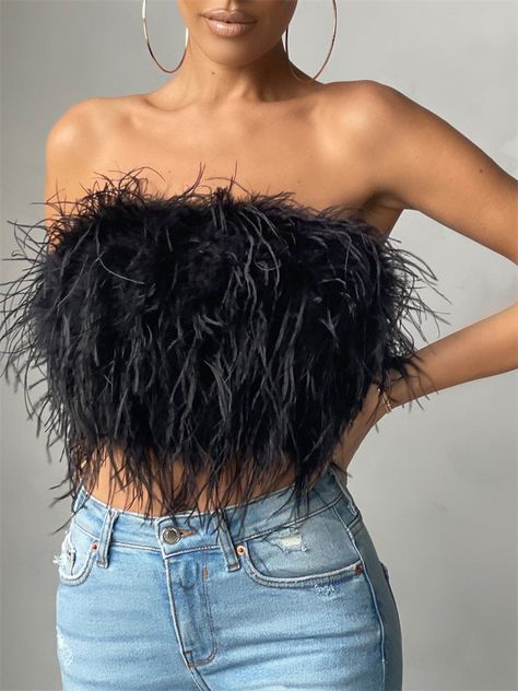 Elegant Crop Top, Feather Crop Top, Halloween Crop Top, Feather Top, Halloween Skirt, Club L London, Feather Tops, Bandeau Crop Top, Cardigan Sweater Jacket