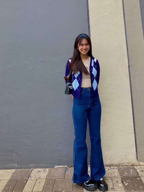 Blue Bell Bottoms Outfit, Blue Bell Bottoms, Blue Outfit Aesthetic, Bottoms Outfit, Bell Bottoms Outfit, Blue Bell, Blue Outfit, Outfit Aesthetic, Outfits Aesthetic