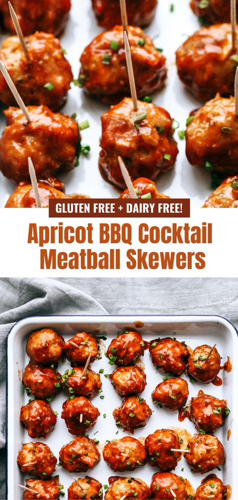 Dairy And Soy Free Appetizers, Dairy Free Appetizers Christmas, Meatball Appetizer Sauce, Apricot Bbq Sauce, Gluten Free Dairy Free Appetizers, Dairy Free Cocktails, Meatball Appetizer Crockpot, Dairy Free Meatballs, Cocktail Meatball Recipes