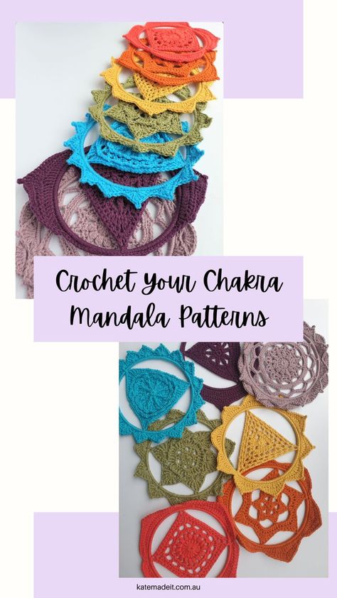 Crochet Your Chakra Mandala Pattern Bundle is live on Ravelry now. Create seven 6 inch mandalas to give a perfect meditation focus. Motif Mandala Crochet, Energy Chakras, Kate Made, Chakra Mandala, Beautiful Wall Hanging, Knitting Patterns Free Scarf, Mandala Patterns, Crochet Mandala Pattern, Mode Crochet