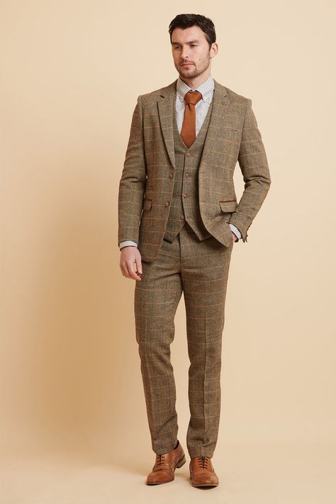 TED - Tan Tweed Check Three Piece Suit Brown Tweed Suits For Men Wedding, Tweed Wedding Suits Groomsmen, Male Wedding Guest Attire, Tweed Suit Men, Walima Outfit, Summer Wedding Men, English Suit, Harris Tweed Suit, Suit For Men Wedding