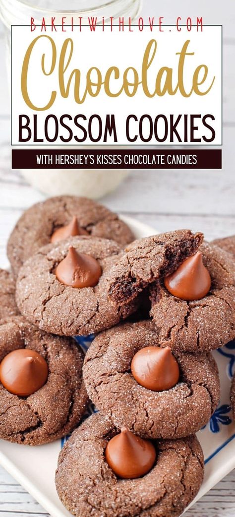 Chocolate blossom cookies feature rich and soft dark chocolate cookies that are topped with a sweet and tasty Hershey's Kiss! They are easy to make and incredibly delicious. Use your favorite variety of Hershey's Kisses to make these cookies perfect for you! BakeItWithLove.com #bakeitwithlove #chocolate #blossom #cookies #hersheys #hersheyskiss Chocolate Blossom Cookies, Hershey Kiss Cookies, Christmas Cookie Recipes Holiday, Cookie Decorating Icing, Hershey Kisses Chocolate, Baking Decor, Decorating Icing, Favorite Christmas Recipes, International Desserts