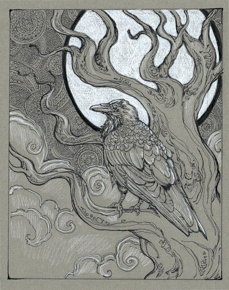 Raven Moon by Dreoilin on DeviantArt Raven Illustration, Special Drawings, Etching Ideas, Scroll Art, Crow Painting, Crow Art, Black Birds, Raven Art, Canvas Drawing