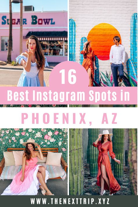 Looking for the most instagrammable places in Phoenix and Scottsdale? These 16 places photo spots include the Saguaro Scottsdale, Sugar Bowl, Papago Park, the Swing Mural, It's That Hot Mural, and many more instagram-worthy places. Most Instagrammable Places In Arizona, What To Wear In Phoenix Arizona, Phoenix In March, Phoenix Photoshoot Ideas, Phoenix Instagram Spots, Phoenix Photography Locations, Phoenix Photoshoot, Phoenix Travel Guide, Downtown Phoenix Arizona