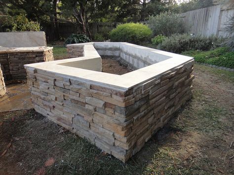 Cultured Stone Planter Box Stone Planter Boxes, Planter Box Ideas, Backyard Planters, Brick Planter, Stone Planter, Deck Planters, Vegetable Planters, Garden Planter Boxes, Backyard Water Feature