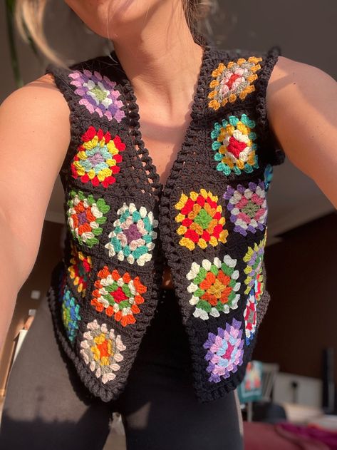 Crochet Black Vest Granny Square Sweater Vest Handmade Vest - Etsy UK Crochet Crop Vest, Crochet Vest Granny Square, Granny Square Sweater Vest, Crochet Vest Outfit, Granny Square Vest, Crochet Vests, Vest Handmade, Square Sweater, Vest Crochet