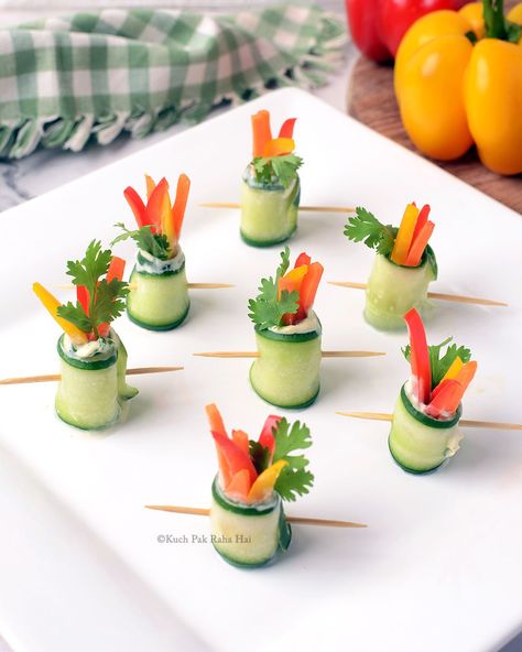 Cucumber Rolls | Cucumber Roll Ups Light Snacks Healthy, Cucumber Roll Ups, Cucumber Rolls, Asian Appetizers, Creamy Cucumbers, Chaat Masala, Summer Snacks, Pomegranate Seeds, Roll Ups