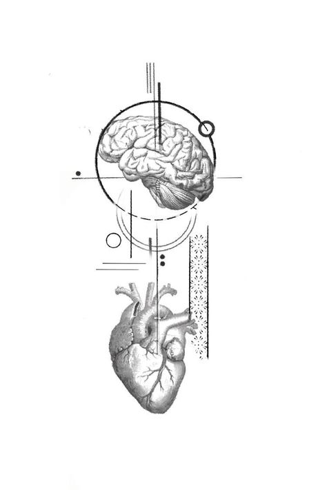 Brain Tattoo Ideas Design, Heart And Brain Line Art, Scrambled Brain Tattoo, Geometric Brain Tattoo, Black And White Flower Tattoo Designs, Tattoos That Signify Growth, Heart Geometric Design, Brain Design Art, Atomically Correct Heart Tattoo