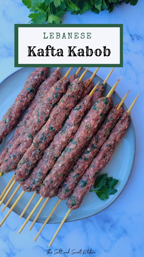 Lebanese kafta kabob Oven Kebab Recipes, Beef Kafta In Oven, Greek Kebab Recipes, Kafta Kebab Recipes, Kafta Skewers, Beef Kabobs In Oven, Chicken Kafta Recipe, Kefta Kabob Recipe, Oven Skewers