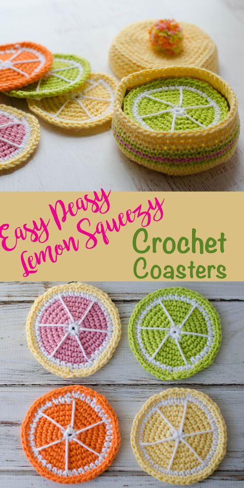 Free Crochet Coasters, Crochet Citrus, Citrus Coasters, Lemon Coasters, Crochet Coasters Pattern, Coasters Pattern, Crocheted Coasters, Fast Crochet, Crochet Coasters Free Pattern