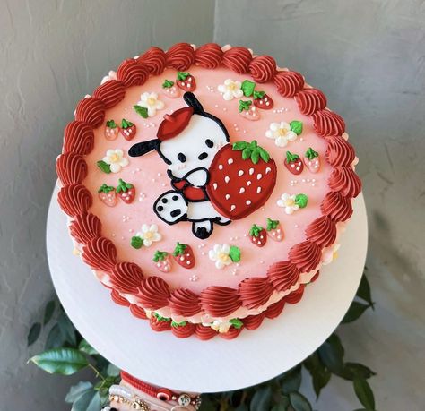 Pochacco Birthday Party, Hello Kitty Strawberry Cake, Sanrio Cake Ideas, Pochacco Strawberry, Keroppi Cake, Sanrio Cake Birthday, Pochacco Cake, Strawberry Sanrio, Sanrio Cake