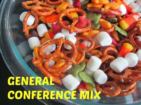 Pinning with Purpose: General Conference Snack Mix General Conference Activities, Lds Conference, Lds General Conference, Activities For Girls, General Conference, Activity For Kids, Activity Days, Snack Mix, Trail Mix