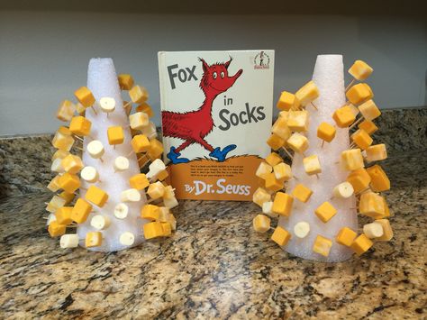 Fox in Socks Cheese Trees - Dr. Seuss week! Fox In Sox Snack Ideas, Fox In Socks Snack, Cheese Trees, Dr Seuss Fox In Socks, Cheese Tree, Fox In Socks, March Ideas, Dr Seuss Week, Seuss Party