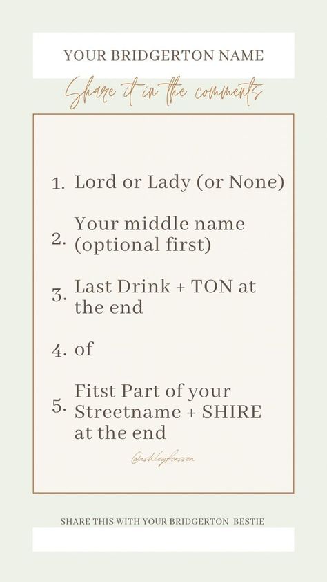 Bridgerton Name Generator, Bridgerton Sleepover, My Bridgerton Name, Bridgerton Party Games, Bridgerton Games, Bridgerton Tea Party Ideas, Your Bridgerton Name, Bridgerton Name, Bridgerton Diy