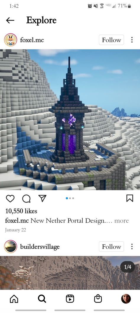 Mincraft Idea Houses Goth, Minecraft Nether House Design, Minecraft Moon Bridge, Magical Minecraft Builds Portal, Minecraft Amethyst Portal, Minecraft Wizard House Ideas, Minecraft Medieval Portal Design, Enchanted Tower Minecraft, Netherrack Builds