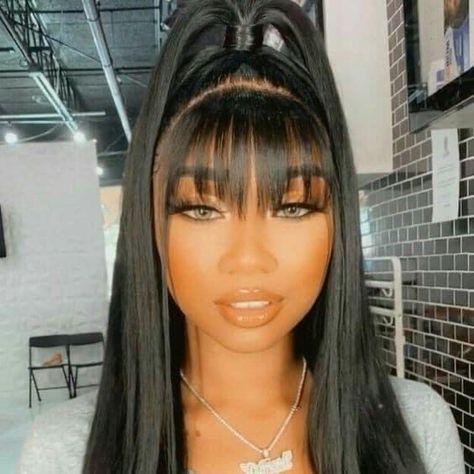 Sew In Wig, Bangs Ponytail, Two Ponytails, Half Ponytail, Box Braids Styling, Black Wig, Baddie Hairstyles, Different Hairstyles, Braided Ponytail