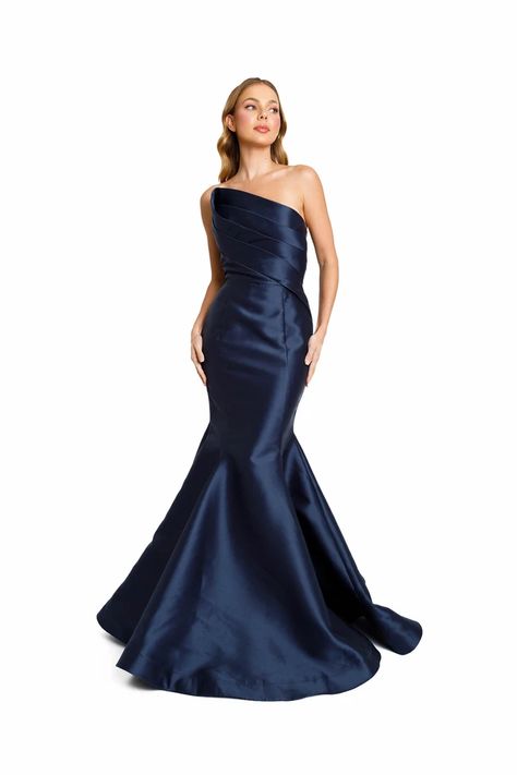 NICOLE BAKTI STYLE #7206. Nicole Bakti, Navy Gown, Strapless Evening Gowns, Bridal Jumpsuit, Terani Couture, Pleated Bodice, Mermaid Silhouette, Mermaid Gown, Gowns Of Elegance