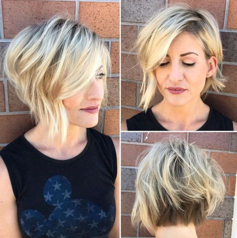 Blonde Asymmetrical Pixie, Asymmetrical Bob With Bangs Round Faces, Short Inverted Bob Hairstyles, Bob Inversat, Asymmetrical Bob With Bangs, Longer Bob, Short Messy Haircuts, Asymmetrical Bob Short, Blonde Balayage Bob