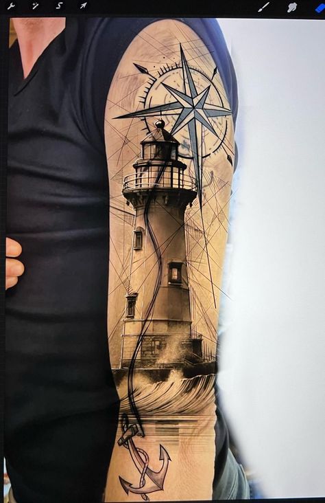 Lighthouse Tattoo Back Of Arm, Montauk Lighthouse Tattoo, Lighthouse Sleeve Tattoo, Timeline Tattoo Ideas, Nautical Tattoo Ideas, Jamie Tattoo, Light House Tattoo, Memorial Tattoos Mom, Compass Tattoo Men