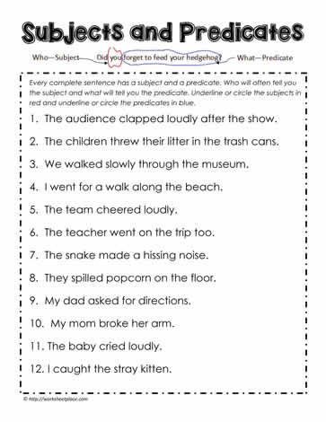 Subject And Predicate Worksheet, Subject Predicate, Third Grade Ela, English Poems For Kids, Alphabet Writing Worksheets, Writing Linear Equations, English Grammar Exercises, Self Esteem Worksheets, English Grammar Rules