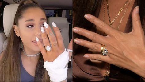 Ariana Grande shared photos of her engagement ring, and fans believe it has a deeper meaning. Ariana Grande Engagement Ring Pete, Ariana Grande Engagement Ring, Hailey Bieber Engagement Ring, Ariana Grande Engagement, Ariana Grande Ring, Hailey Bieber Ring, Celebrity Music, Pearl Engagement Ring, Celebrity Engagement Rings