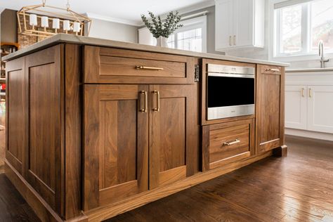 Walnut Adds Warmth To White Kitchen Cabinets - Bradford and Kent Custom Remodeling Walnut Kitchen Island White Cabinets, Walnut Island Kitchen, White And Walnut Kitchen, Walnut Kitchen Island, Off White Kitchen Cabinets, Walnut Kitchen Cabinets, Walnut Island, Walnut Cabinet, Off White Kitchens