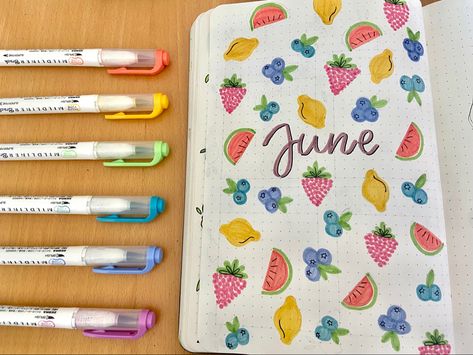 cute fruit theme bullet journal pade for june 2022 Fruit Mood Tracker, June Title Page, Bujo June Theme, Fruit Journal, Bujo Fruit Theme, Bullet Journal Ideas June, June Bullet Journal Cover Ideas, June Bullet Journal, June Bullet Journal Cover