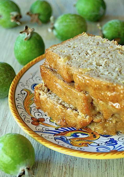 Glazed Pineapple Guava Bread is soft, light and sweet, with a tropical fruit flavor. #guavas #pineappleguavas #quickbreads #shortbreads #cake #tropicalfruits Guava Bread, Guava Ice Cream, Glazed Pineapple, Guava Recipes, Fresh Fruit Desserts, Pineapple Guava, Guava Juice, Guavas, Bread Recipes Sweet