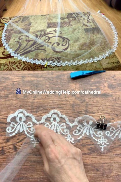 Step 5 is to place and sew on the lace trim. See the video and written instructions in the How to Make a Veil tutorial on the MyOnlineWeddingHelp.com blog. How To Sew Lace Trim, Diy Wedding Veil Lace, How To Sew A Wedding Veil, How To Attach A Veil To A Comb, Veil With Lace Trim, Wedding Veil With Lace Trim, Veils Bridal Diy, Veil Diy, Diy Wedding Veil