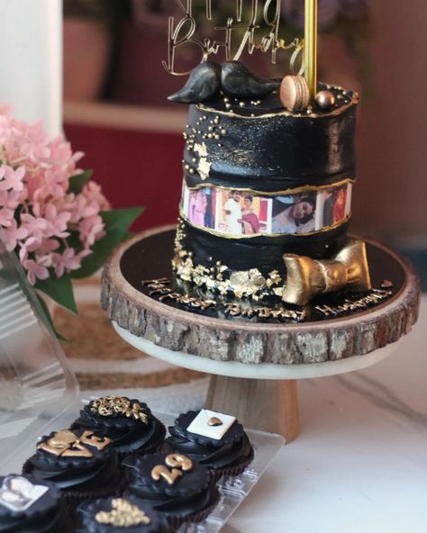 Celebrate in style with this stunning black and gold-themed cake and matching cupcakes! 🖤✨ Personalized with photo strips and delicate gold accents, this cake is perfect for making any birthday extra special. Pair it with matching cupcakes to complete the celebration! Contact us to customize your own cake.WhatsApp at 7044955912 for orders. #BlackAndGoldCake #BirthdayVibes #CustomCakes" Black And Gold Cake, Custom Cakes, Themed Cakes, Gold Accents, In Style, Cake, Celebrities, Birthday, Gold