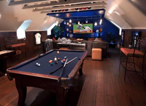 Small Pool Table, Bonus Room Office, Small Room Interior, Room Above Garage, Bonus Room Ideas, Pool Table Room, Inside A House, Man Cave Home Bar