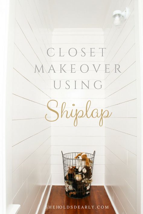 Installing Shiplap in a Closet by sheholdsdearly.com Shiplap Closet Wall, Furnace Closet, Shiplap Closet, Diy French Mattress, Stairway Entry, Eclectic Diy, Classy Cocktails, She Holds Dearly, Basement Refinishing