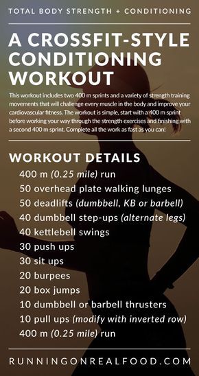 No time, no problem...and no excuses! The harder you work, the faster you'll be done this killer CrossFit-Style Conditioning Workout. Work every part of your body and build strength and stamina. The workout is simple, start with a 400 m run then finish the rest of the work as fast as possible! via @runonrealfood Track Workouts, Excellent Health, Crossfit At Home, Sixpack Workout, Conditioning Workouts, Strength Conditioning, Crossfit Workouts, Strength Workout, Motivation Fitness