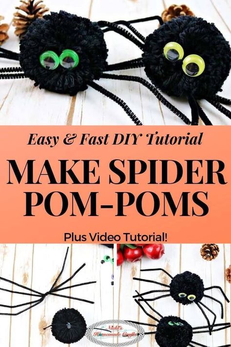 How to make Spider Pom-Pom's - Craft Halloween DIY Tutorial by Nicki's Homemade Crafts #spider #yarn #pompom #halloween #tutorial #crochettutorial #pom #knitting Halloween Diy Tutorials, Yarn Halloween, Pom Pom Spiders, How To Make Spiders, Veselý Halloween, Craft Halloween, Halloween Tutorial, Crafts For Teens To Make, Pom Pom Crafts