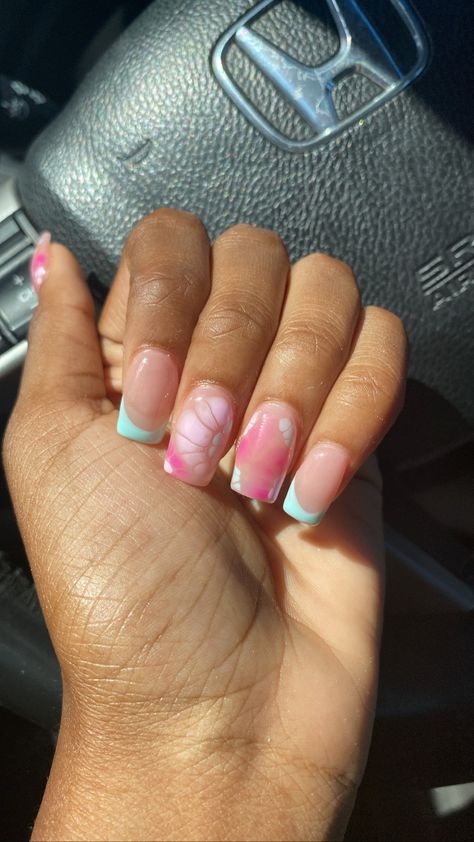 Pink And Aqua Nails, White Nails With Turquoise Tips, Turquoise Nail Tips, Teal French Tip Nails Turquoise, Aqua Blue French Tip Nails, Pink And Turquoise Nails, Torquise And Pink Nails, Inspiration Nails, Aqua Nails