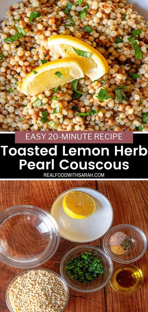 Lemon Herb Pearl Couscous is the perfect flavorful and simple couscous recipe. Pearled couscous is toasted and combined with lemon juice and fresh herbs for a delicious side dish. Pearl Couscous With Spinach, Best Pearl Couscous Recipe, Pearlized Couscous Recipes, Couscous Pearls Recipes, Mexican Couscous Recipes, Mediterranean Pearl Couscous Recipes, Lemon Pearl Couscous Recipes, Toasted Couscous Recipes, Hello Fresh Couscous Recipe