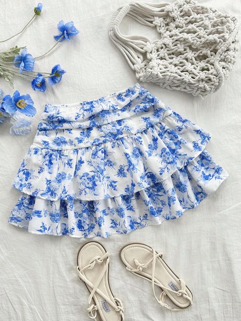 Plus Size Women Fall Vacation Graduation Season Back To School Season Back To School Clothes Fall Clothes Vacation Outfit  Top Halloween Blue And White Flowers Printed Casual Cute Short Skirt Multicolor Boho   Woven Fabric Floral,Plants,All Over Print Layered/Tiered Non-Stretch  Women Plus Clothing, size features are:Bust: ,Length: ,Sleeve Length: Flower Skirt Outfit, Blue Flower Skirt, Back To School Clothes, Vacation Outfits Women, Fall Vacation, Short Pollera, Blue And White Flowers, Clothes Fall, Outfit Top