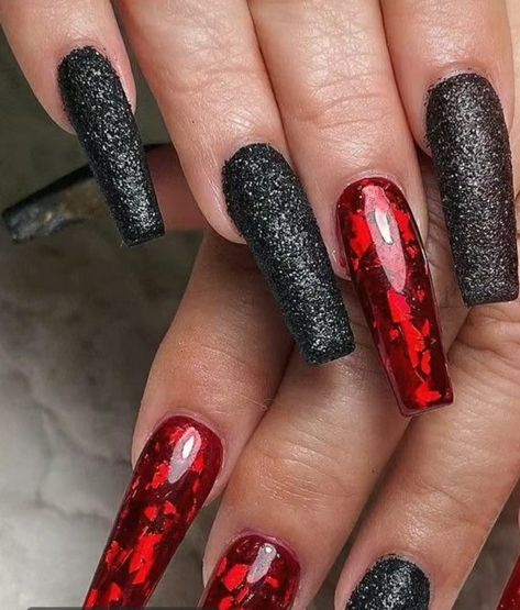 Red Glitter And Black Nails, Red Black Glitter Nails, Red Black Christmas Nails, Prom Nails Black And Red, Red And Black Glitter Nails, Red Black Silver Nails, Sparkly Red Nails Acrylic, Red And Black Christmas Nails, Red Black And Silver Nails