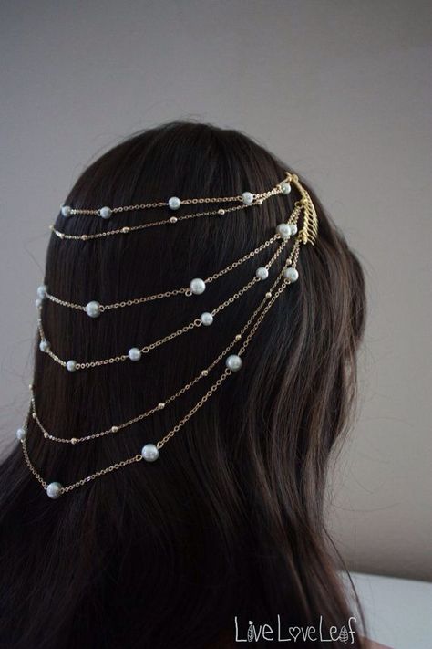 Bridal Hair Accessory, 6 tier Pearl and Gold Chain Comb Headpiece Hair Chain Jewelry, Hair Accessories Gold, Gold Hair Accessories Wedding, Hair Piece Wedding Hair, Hair Piece Wedding, Bridal Hair Accessory, Hair Chains, Accessories Gold, Head Jewelry