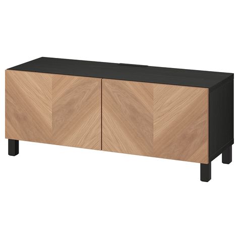 BESTÅ TV bench with doors, black-brown/Hedeviken/Stubbarp oak veneer, 471/4x161/2x187/8" All you need to keep the area around the TV organized. You get lots of storage space and relief from unruly cords. Choose a ready-made combination or create your own. This is just one of many, many possibilities. Bench With Doors, Tv Cabinets With Doors, Aesthetic Finds, Ikea Tv, Orange Furniture, Tv Bank, Den Ideas, Tv Bench, Bench With Drawers