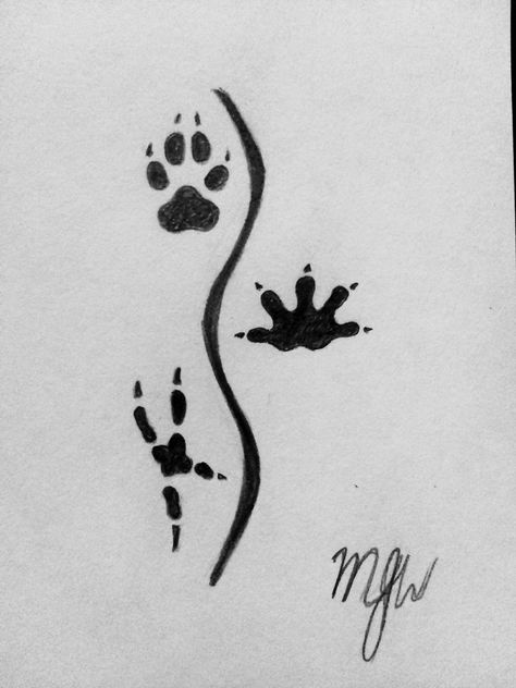 Animal track drawing combining prints from a snake, owl, opossum, and dog or wolf. Idea for sticker or tattoo. Perfect for animal lovers, zookeepers, or wildlife rehabbers. Zookeeper Tattoo Ideas, Animal Memory Tattoos, Animal Wrist Tattoos For Women, Simple Wildlife Tattoo, Animal Track Tattoos, Animal Tracks Tattoo, Zoo Tattoo Ideas, Zookeeper Tattoo, Animal Minimalist Tattoo