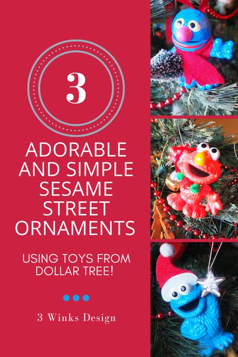 Sesame Street Christmas Ornaments, Sesame Street Christmas Tree, Sesame Street Ornaments, Dollar Tree Toys, Elmo Christmas, Sesame Street Christmas, Christmas Signs Diy, Elmo And Cookie Monster, Diy Ornaments