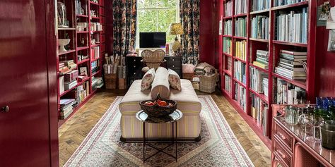 A (Lipstick Red) Room of One's Own Red Built In Bookshelves, Narrow Library, Red Library, Red Bookshelf, Snug Room, Room Of One's Own, Red Room, Red Rooms, Lipstick Red