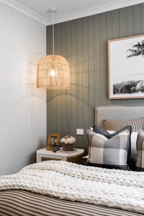 Small Bedroom Wood Paneling, Master Bedrooms Vj Panelling, White Vj Panelling Bedroom, Green Vj Panelling Bedroom, Wood Paneling Accent Wall Bedroom, Vertical Shiplap Wall Bedroom, Vj Panelling Bedroom, Green Feature Wall Bedroom, Paneled Walls Bedroom