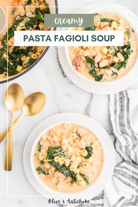 This recipe for Pasta Fagioli soup is creamy, delicious, and healthy! Creamy pasta fagioli soup recipe is a hearty, creamy, delicious and healthy soup with pasta, beans, tomatoes, kale and other healthy real food ingredients. Creamy Pasta Fagioli Soup, Recipe For Pasta Fagioli, Healthy Creamy Pasta, Pasta Fagioli Soup Recipe, Soup With Pasta, Recipe For Pasta, Pasta Fagioli Recipe, Pasta Fagioli Soup, Fagioli Soup