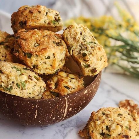 Herb Scones, Coconut Bowls, Vegan Ranch, Vegan Living, Vegan Bowls, Scone Recipe, Savory Snacks, Sweet Potato Fries, Toasted Coconut