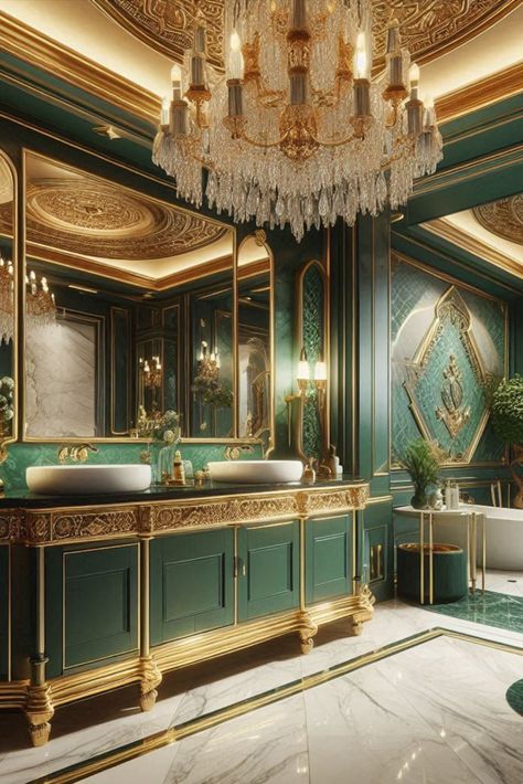 Surround yourself in luxury with this elegant emerald green and gold scheme. A rich and opulent bathroom experience. #EmeraldBathroom #GreenAndGold Opulent Bathroom, Emerald Green And Gold, Bathroom Color Schemes, Bathroom Color, Gold Luxury, Surround Yourself, Apartment Ideas, Color Scheme, Green And Gold