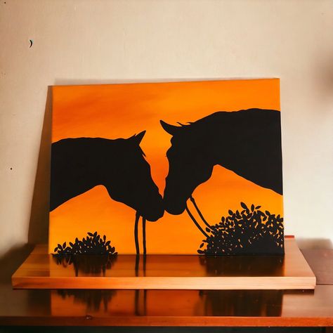 This beautiful One of a Kind Horse painting is on a 12x16 inch stretched cotton canvas, Made with matte acrylic paint. Perfect for all art and horse lovers. Packed with care and sent with a free sticker as a thank you for helping my small shop grow!  :) Horse Sunset Painting, Cute Horse Painting, Western Paintings Canvases, Easy Western Paintings, Western Painting Ideas Easy, Western Painting Canvas, Room Decor Paintings, Canvas Art Gifts, Horse Canvas Painting