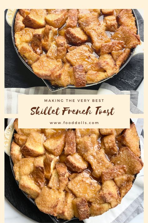 The best Skillet French Toast recipe! So easy, very gooey! French Toast Cast Iron Skillet, Cast Iron French Oven Recipes, Cast Iron French Toast, Food Dolls Recipes, French Toast Cassarole, Skillet French Toast, Oven French Toast, Cottagecore Recipes, French Toast Ingredients